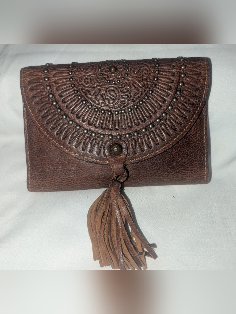 Vintage Patricia Nash Colli  Brown Studded  Embossed Leather Tassel Wallet
